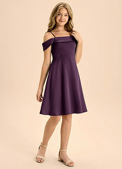 Azazie Anselie Junior Plum A-Line Pleated Stretch Satin Dress image6