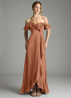 Azazie Lyra Bridesmaid Dresses Bronzer A-Line Off the Shoulder Stretch Satin Convertible Dress image1