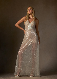 Azazie Idony Vestidos de novia Vestido de Blanco Diamante Champán de Lentejuelas de Corte en A con Lentejuelas Cuello V image6