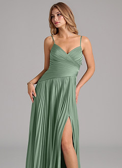 Azazie Vini Bridesmaid Dresses Matcha A-Line Pleated Stretch Satin Dress image2