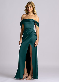Azazie Auden Bridesmaid Dresses Pine Sheath Off the Shoulder Stretch Satin Convertible Dress image4