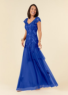 Azazie Romy Mother of the Bride Dresses Royal Blue Mermaid V-Neck Sequins Tulle Dress image2