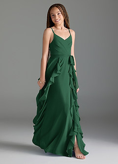 Azazie Peyton Junior Dark Green A-Line V-Neck Cascading Ruffles Chiffon Dress image3