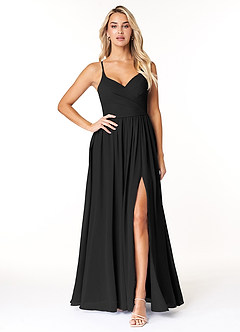 Azazie Dominic Bridesmaid Dresses Black A-Line V-Neck Pleated Chiffon Dress image1