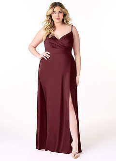 Azazie Dalilah Bridesmaid Dresses Cabernet A-Line V-Neck Pleated Stretch Satin Dress image6