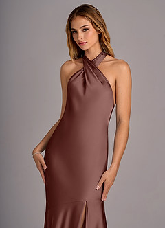 Azazie Lorena Bridesmaid Dresses Espresso Mermaid Pleated Stretch Satin Dress image6