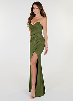 Azazie Yola Bridesmaid Dresses Olive Sheath V-Neck Pleated Stretch Satin Convertible Dress image4