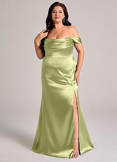 Azazie Saige Bridesmaid Dresses Pistachio Sheath Off the Shoulder Metallic Satin Convertible Dress image11
