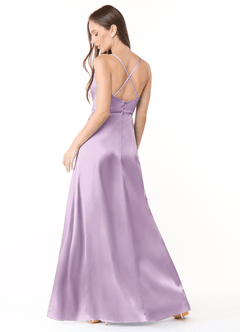 Azazie Naomie Final Sale Terracotta A-Line Cowl Neckline Side Slit Stretch Satin Dress image2