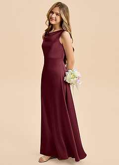 Azazie Kiki Junior Cabernet A-Line Bow Stretch Satin Dress image3