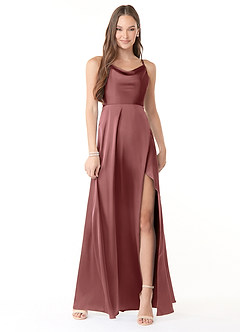 Azazie Naomie Bridesmaid Dresses Amethyst A-Line Cowl Neckline Side Slit Stretch Satin Dress image1