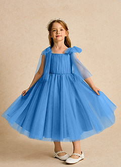 Azazie Dori Robe Demoiselle D'honneur Fillette Robe Trapèze en Tulle Rayé Geai Bleu image6
