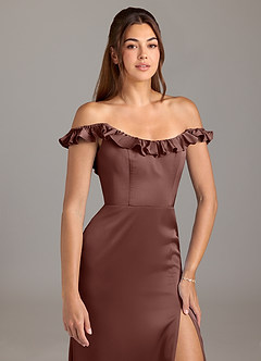 Azazie Callie Probar vestidos en casa Vestido de Rosa Polvorienta de Satén Elástico de Corte en A Convertible con Volante image8