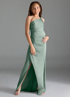 Azazie Eren Junior Silver Sage Sheath Pleated Stretch Satin Dress image3