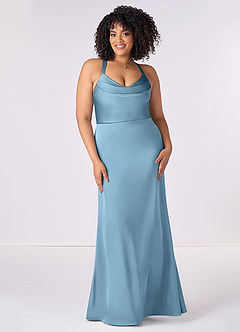 Barbie ♥ Azazie Jurken voor bruidsmeisjes Jurk van Stretch Satijn met Zeemeermin Geplooid Staal Blauw image6