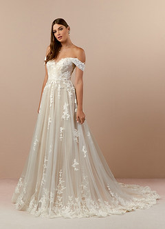 Azazie Botanica Wedding Dresses Diamond White Nude A-Line Off the Shoulder Tulle Dress image3