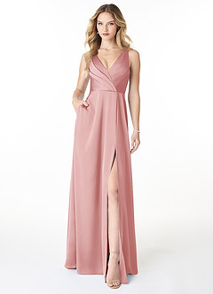 Azazie Nelly Vestidos de damas de honor Vestido Rosa Empolvado de Satén Elástico de Línea A con Cuello en V Plisado image1