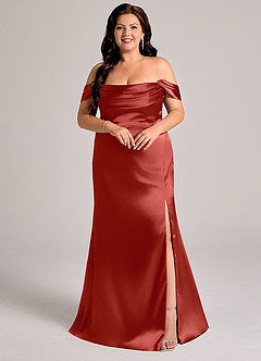 Azazie Saige Bridesmaid Dresses Rust Sheath Off the Shoulder Metallic Satin Convertible Dress image9