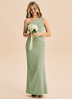 Azazie Akilah Junior Vestido de Salvia Polvorienta de Satén Elástico de Corte Recto con Plisado image4