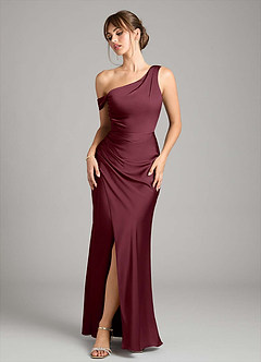 Azazie Madelyn Robes de demoiselle d'honneur Robe Sirène Convertible en Satin extensible Une épaule Cabernet image1