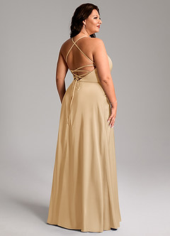 Azazie Mei Bridesmaid Dresses Gold A-Line V-Neck Stretch Satin Dress image11