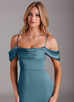 Azazie Saige Bridesmaid Dresses Bermuda Sheath Off the Shoulder Stretch Satin Dress image2
