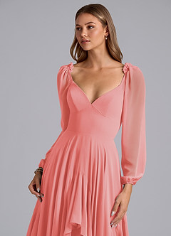 Azazie Karan Bridesmaid Dresses Coral A-Line Long Sleeve Chiffon Dress image6