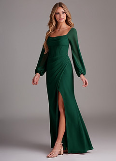 Azazie Charissa Bridesmaid Dresses Emerald Sheath Long Sleeve Chiffon Dress image4