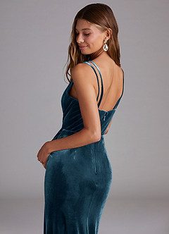 Azazie Leo Bridesmaid Dresses Blue Topaz Sheath Pleated Velvet Dress image6