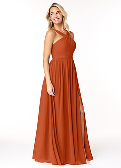 Azazie Elvira Robes de demoiselle d'honneur Robe Trapèze en Mousseline de soie Plissée Orange Brûlée image4