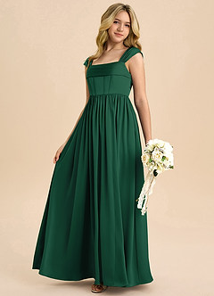 Azazie Hattie Junior Abito A-Line in Raso Elasticizzato Plissettato Verde Scuro image6