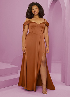 Barbie ♥ Azazie Bridesmaid Dresses Copper A-Line Off the Shoulder Stretch Satin Dress image1