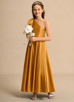 Azazie Guppy Junior Formal vestidos de niña de las flores Vestido de Caramelo de Satin Mate de Corte En A con Hombro unilateral image5