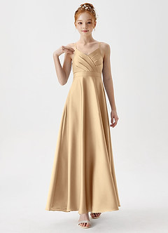 Azazie Avelina Junior Champagne A-Line Pleated Stretch Satin Dress image4