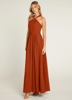 Azazie Jacey Bridesmaid Dresses Burnt Orange A-Line Pleated Chiffon Dress image3