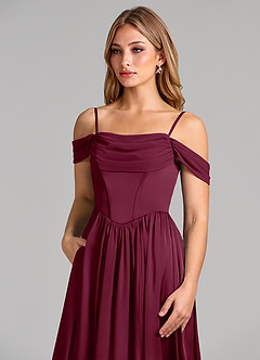 Azazie Raisa Bridesmaid Dresses Mulberry A-Line Off the Shoulder Stretch Satin Dress image7