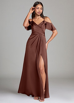 Azazie Dakota Bridesmaid Dresses Espresso A-Line Off the Shoulder Stretch Satin Dress image4