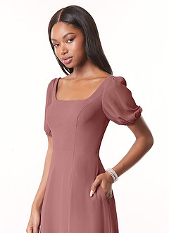 Azazie Alani Jurken voor bruidsmeisjes Jurk van Chiffon met A-Lijn Vierkante halslijn Woestijnroos image4