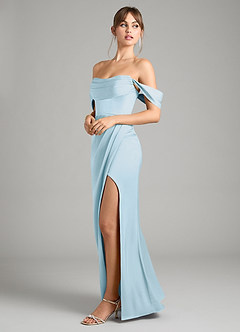 Azazie Johana Vestidos de damas de honor Vestido de Azul Cielo de Satén Elástico de Corte Sirena Convertible con Vestidos sin tirantes image7