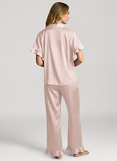 front Matching Color Ruffled Short Sleeve Long Pants Pajama Set