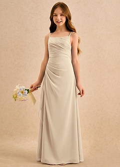 Azazie Cannoli Girls Formal Robe Demoiselle D'honneur Fillette Robe Trapèze en Mousseline de soie Plissée Champagne image3