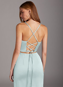 Azazie Brookelle Bridesmaid Dresses Mist Sheath Sweetheart Corset Stretch Satin Dress image6