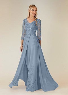 Azazie Noella Mère de la mariée Robes Robe Trapèze en Mousseline de soie Col V Dentelle Bleu Poussiéreux image3