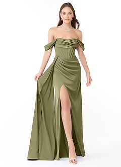 Azazie Amyra Vestidos de damas de honor Vestido de Pistacho de Satén Elástico de Corte Recto Convertible con Vestidos sin tirantes image1