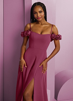 Barbie ♥ Azazie Suknie dla druhen Rozkloszowana szyfonowa sukienka z odkrytymi ramionami i kwiatowymi rozetkami image3