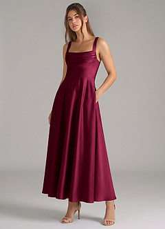 Azazie Shaude Bridesmaid Dresses Burgundy A-Line Pleated Stretch Satin Dress image5