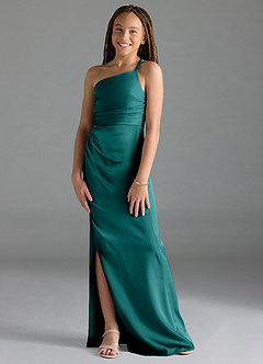 Azazie Eren Junior Peacock Sheath Pleated Stretch Satin Dress image1
