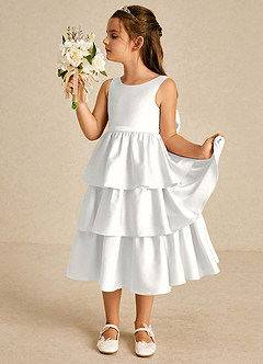 Azazie Margery Flower Girl Dresses White A-Line Bow Stretch Satin Dress image4