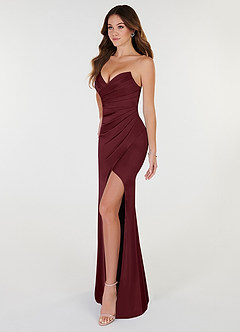 Azazie Yola Vestidos de damas de honor Vestido de Cabernet de Satén Elástico de Corte Recto Convertible con Cuello en V Plisado image3