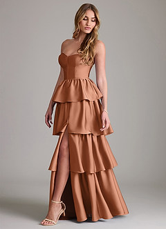 Azazie Faye Bridesmaid Dresses Bronzer A-Line Ruched Stretch Satin Dress image3